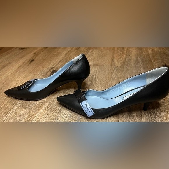 Prada Black Leather Logo Bow Kitten Heel Pumps Size 36 Blue Size 6 - Picture 4 of 9
